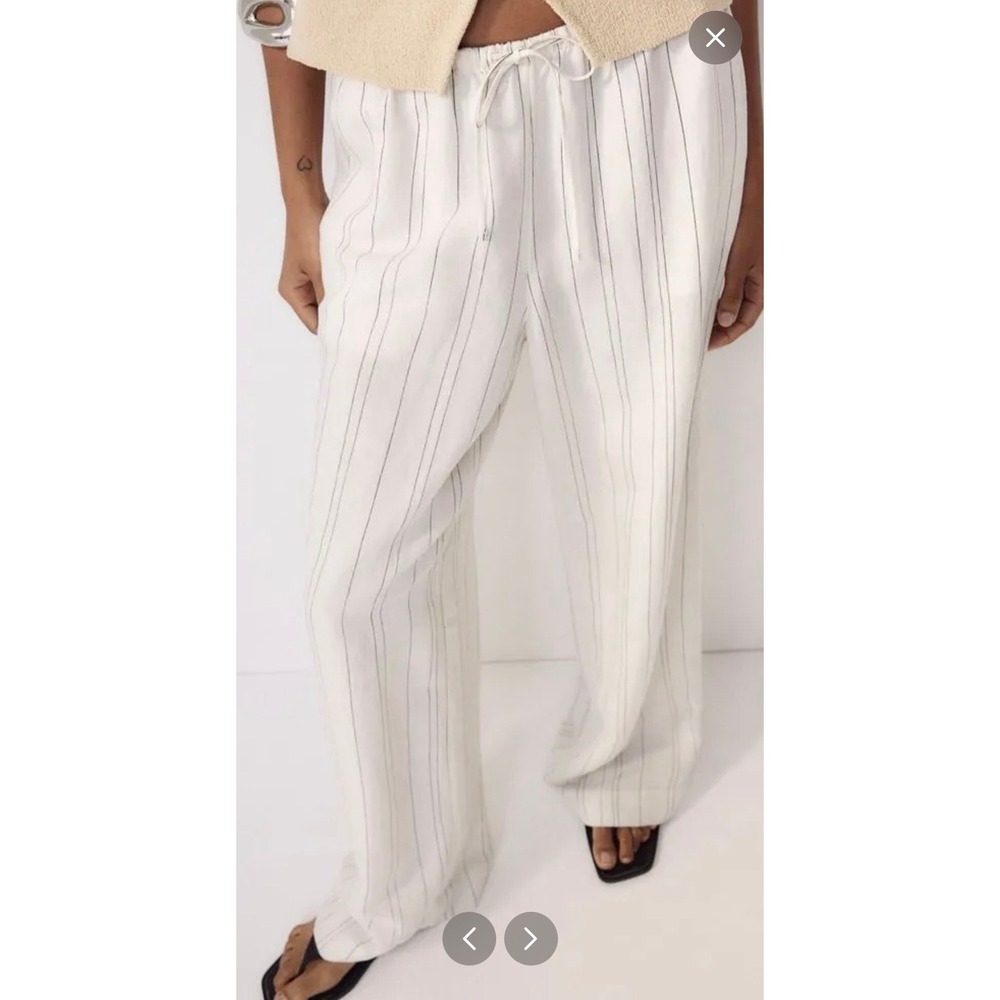 H&M Women White Striped Linen Blend Wide Leg Drawstring Pants Size S